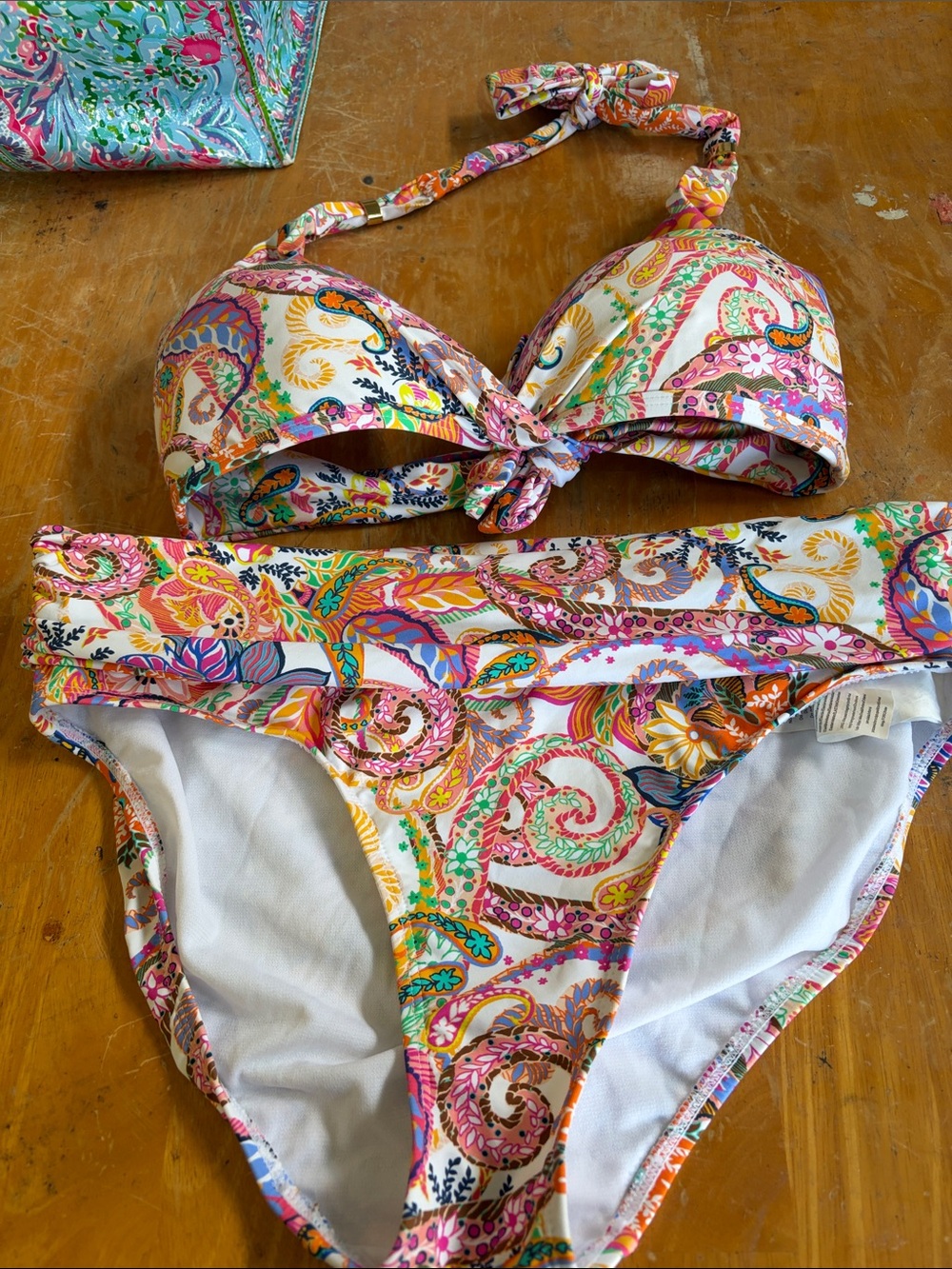 Lauren Ralph Lauren Multicolor Paisley Print Bikini -Halter Style Top w/Straps,L